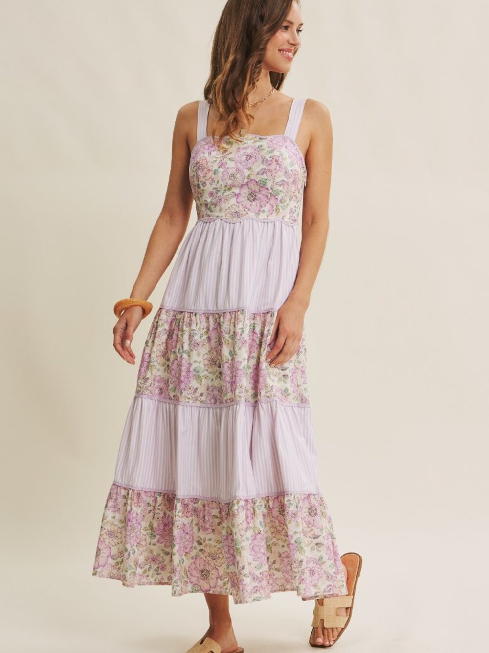 Dreamy Ideal Florals And Stripes Tiered Midi Dress